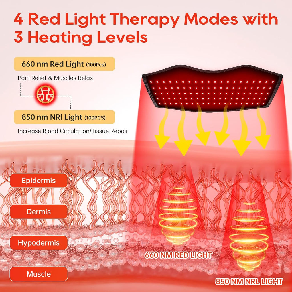 Cordless Red Light Therapy Belt for Body with Heat Vibration 660Nm & 850Nm | Portable 3-In-1 near Infrared Heating Pad with Massager & Timer for Back Pain Waist Belly Shoulder Wellness & Relaxation