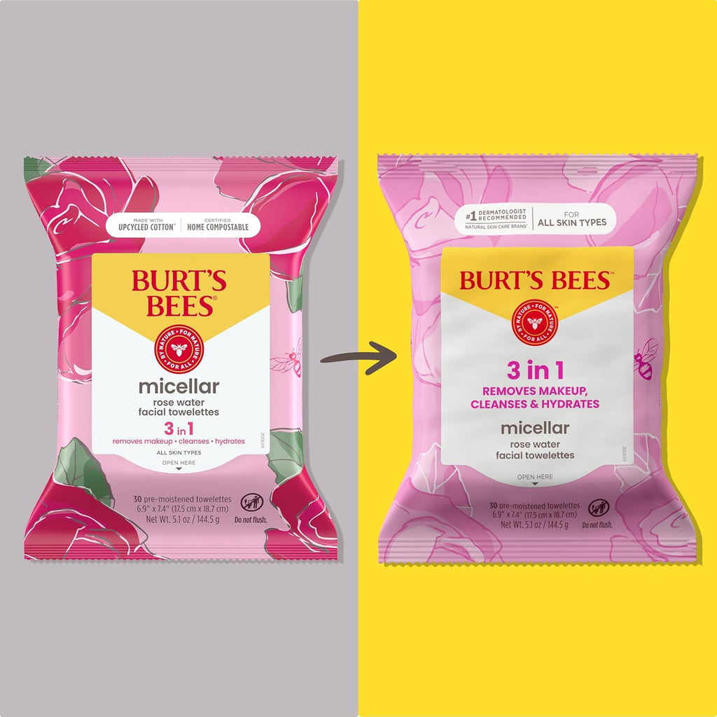Burt’S Bees Micellar Rose Water Facial Towelettes, 30 Ct., 3 Pack | Plant Based Cloths, 98 Percent Natural Origin, Removes Make Up, Leaves No Greasy or Oily Residue, All Skin Types