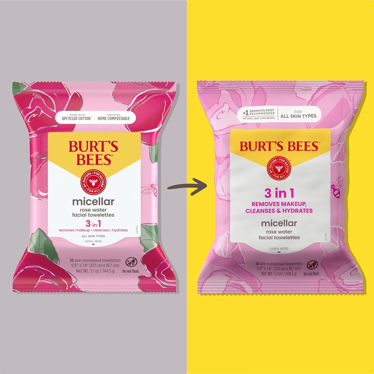 Burt’S Bees Micellar Rose Water Facial Towelettes, 30 Ct., 3 Pack | Plant Based Cloths, 98 Percent Natural Origin, Removes Make Up, Leaves No Greasy or Oily Residue, All Skin Types