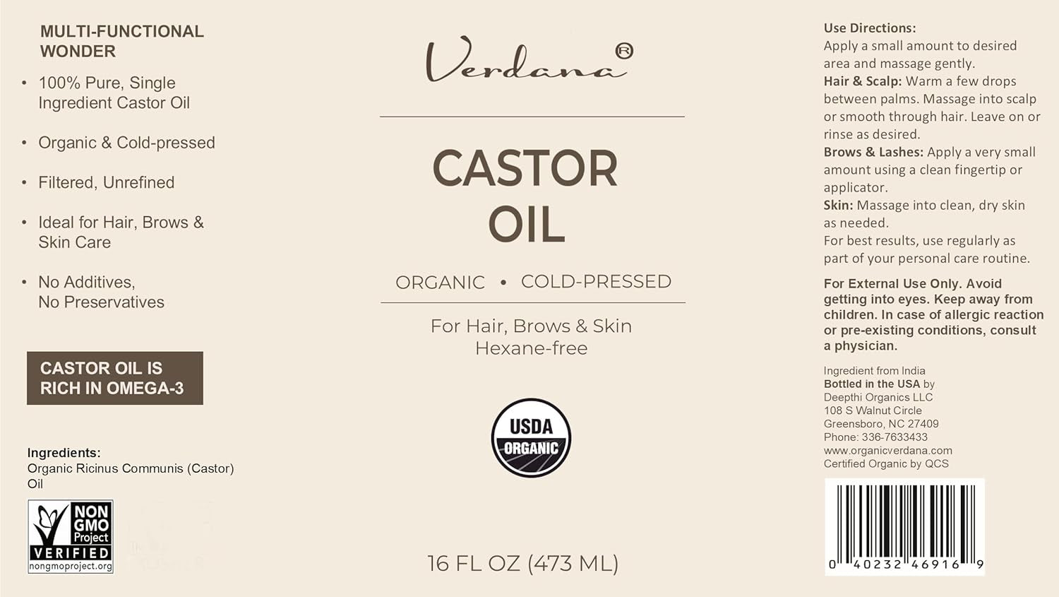 Organic Castor Oil, Cold Pressed & Hexane Free – for Hair & Scalp Care, Eyelashes, Eyebrows & Skin Moisturizing – USDA Certified, Pure & Natural – 16 Fl Oz