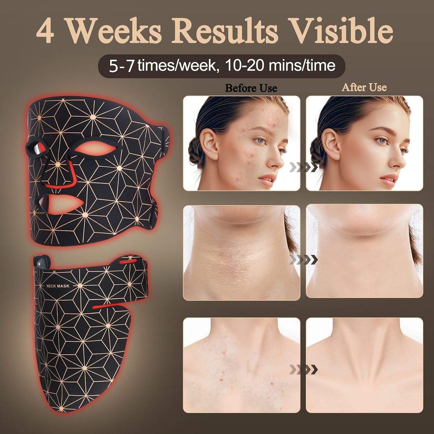Red Light Therapy Mask for Face and Neck, 850Nm NIR anti Aging | 8 Color Modes, 3000Mah Rechargeable, 480 Medical-Grade Leds, 70Mw/Cm² Power, for Skin Rejuvenation, Timer, Gentle-Light Tech