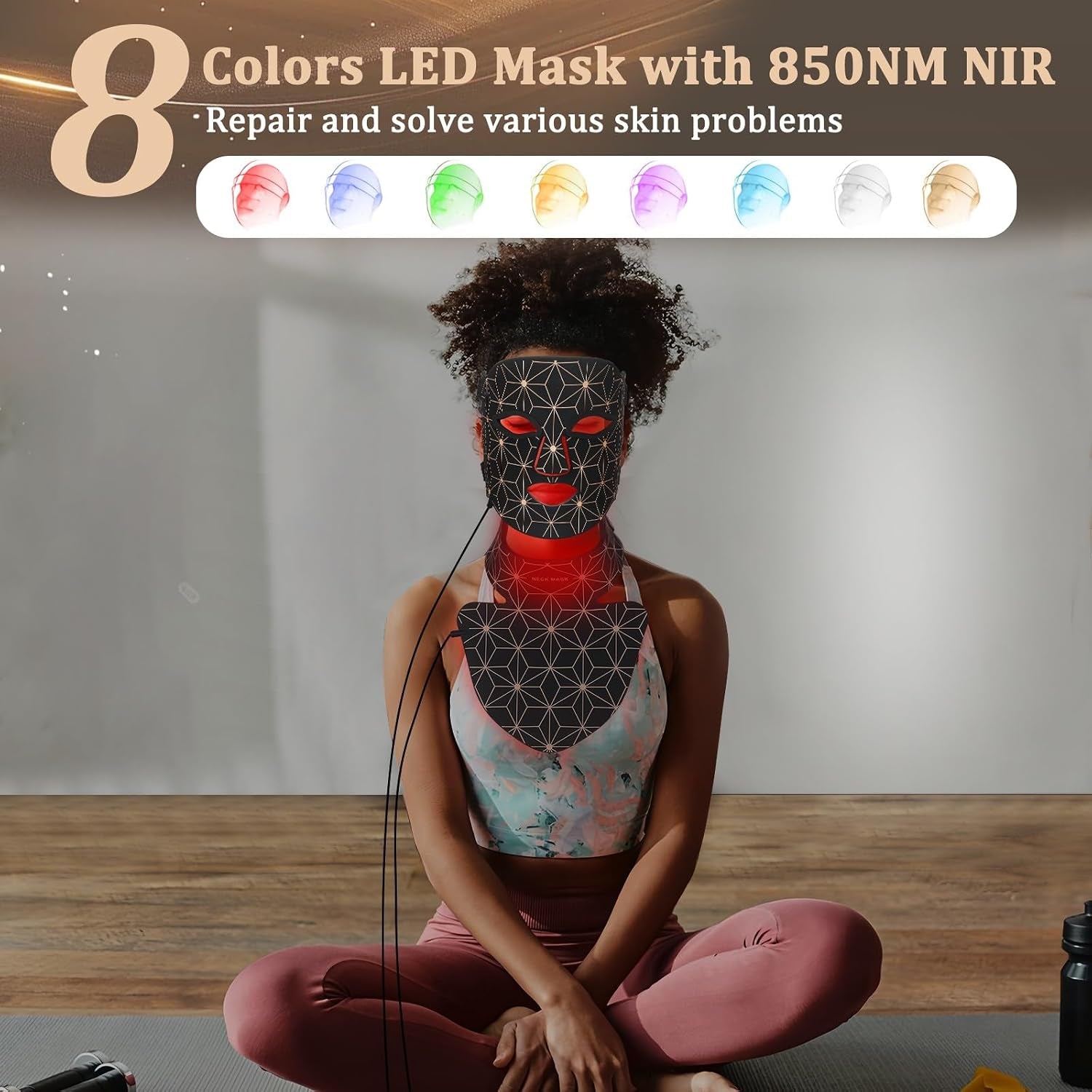 Red Light Therapy Mask for Face and Neck, 850Nm NIR anti Aging | 8 Color Modes, 3000Mah Rechargeable, 480 Medical-Grade Leds, 70Mw/Cm² Power, for Skin Rejuvenation, Timer, Gentle-Light Tech