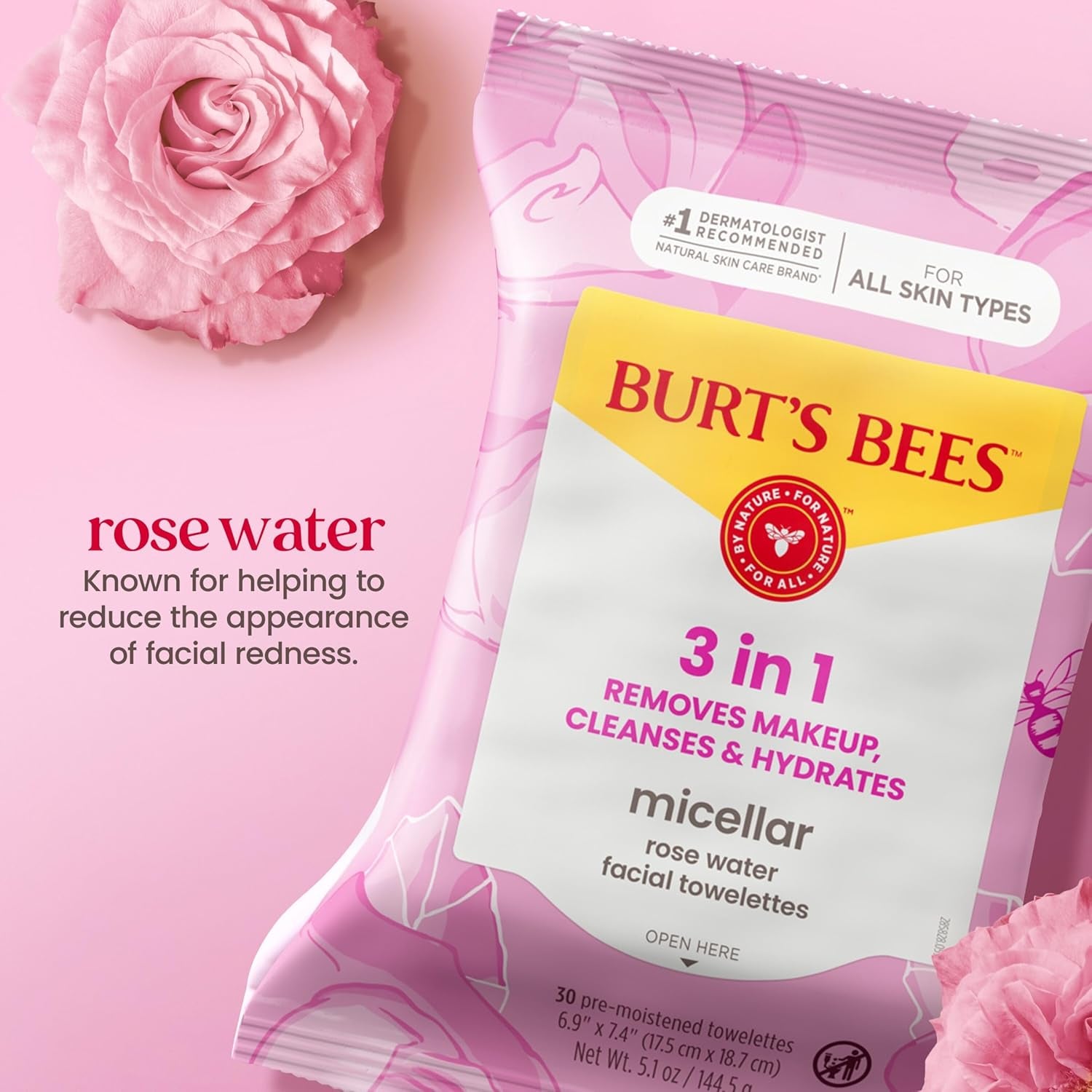 Burt’S Bees Micellar Rose Water Facial Towelettes, 30 Ct., 3 Pack | Plant Based Cloths, 98 Percent Natural Origin, Removes Make Up, Leaves No Greasy or Oily Residue, All Skin Types