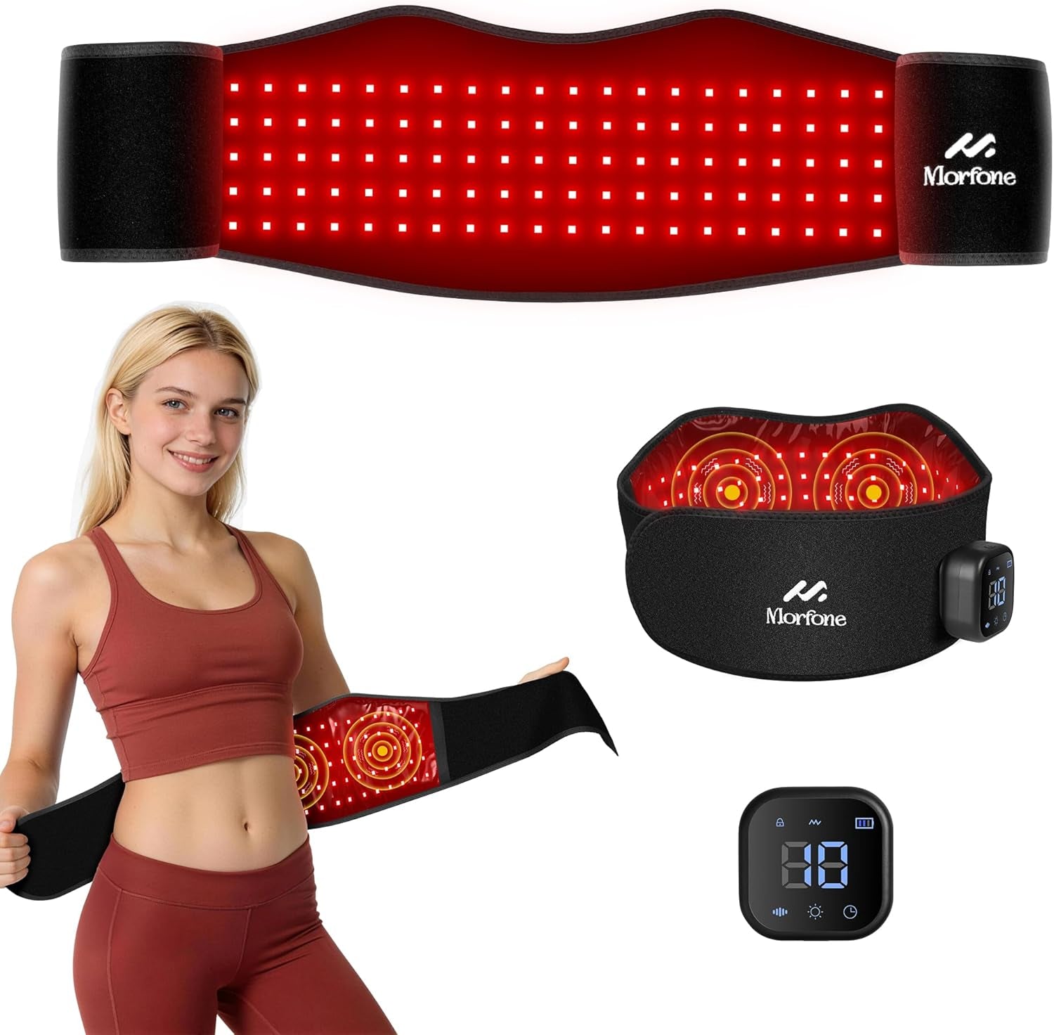 Cordless Red Light Therapy Belt for Body with Heat Vibration 660Nm & 850Nm | Portable 3-In-1 near Infrared Heating Pad with Massager & Timer for Back Pain Waist Belly Shoulder Wellness & Relaxation