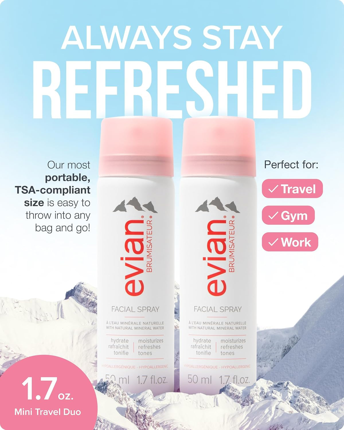 Evian Facial Spray 1.7 Oz - Hydrating Mineral Water Mist for Face & Skin - Refreshes Makeup and Tones Skin - Tsa-Approved Mini Facial Spray Set for Daily Skincare Hydration
