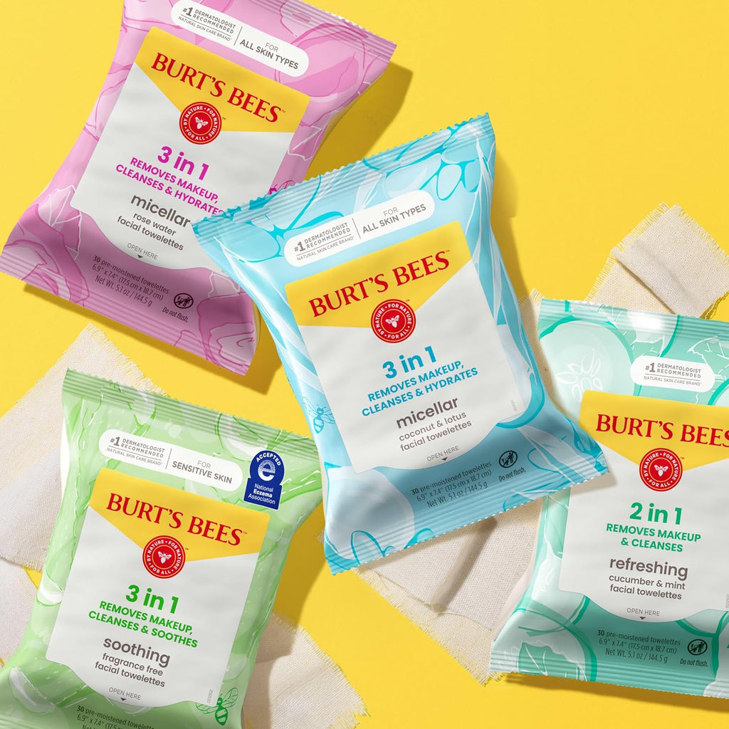 Burt’S Bees Micellar Rose Water Facial Towelettes, 30 Ct., 3 Pack | Plant Based Cloths, 98 Percent Natural Origin, Removes Make Up, Leaves No Greasy or Oily Residue, All Skin Types