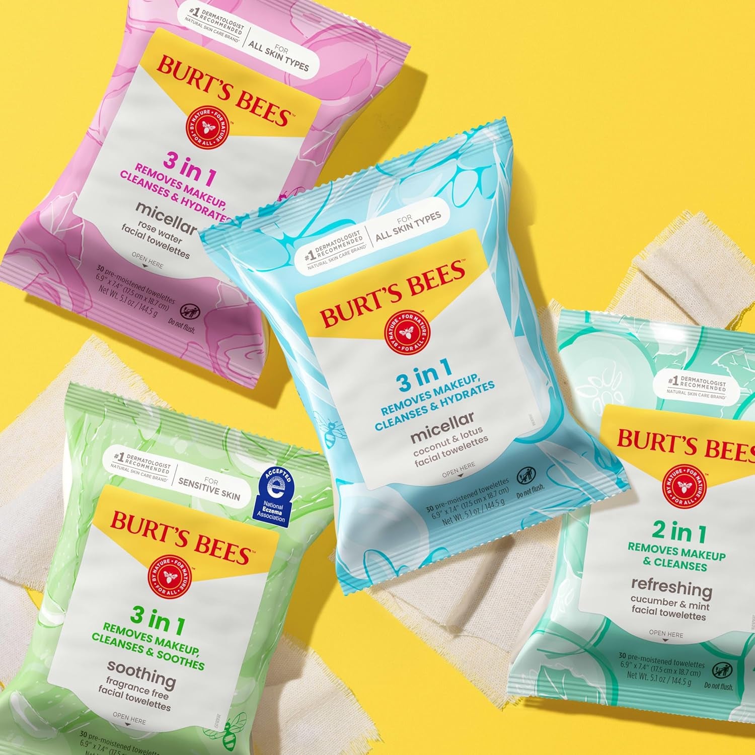 Burt’S Bees Micellar Rose Water Facial Towelettes, 30 Ct., 3 Pack | Plant Based Cloths, 98 Percent Natural Origin, Removes Make Up, Leaves No Greasy or Oily Residue, All Skin Types