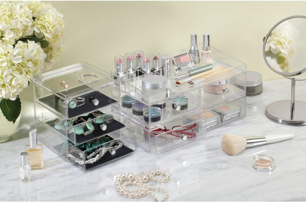 Interdesign Clarity Cosmetic Vanity Cabinet to Hold Makeup, Beauty Products-3 Drawer, Clear Organizer, 1 X Mirror (Pack of 4)
