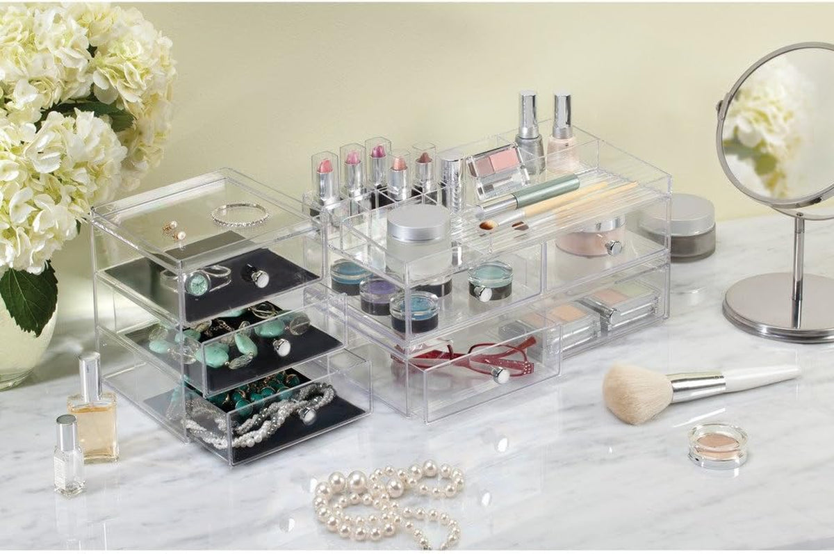 Interdesign Clarity Cosmetic Vanity Cabinet to Hold Makeup, Beauty Products-3 Drawer, Clear Organizer, 1 X Mirror (Pack of 4)