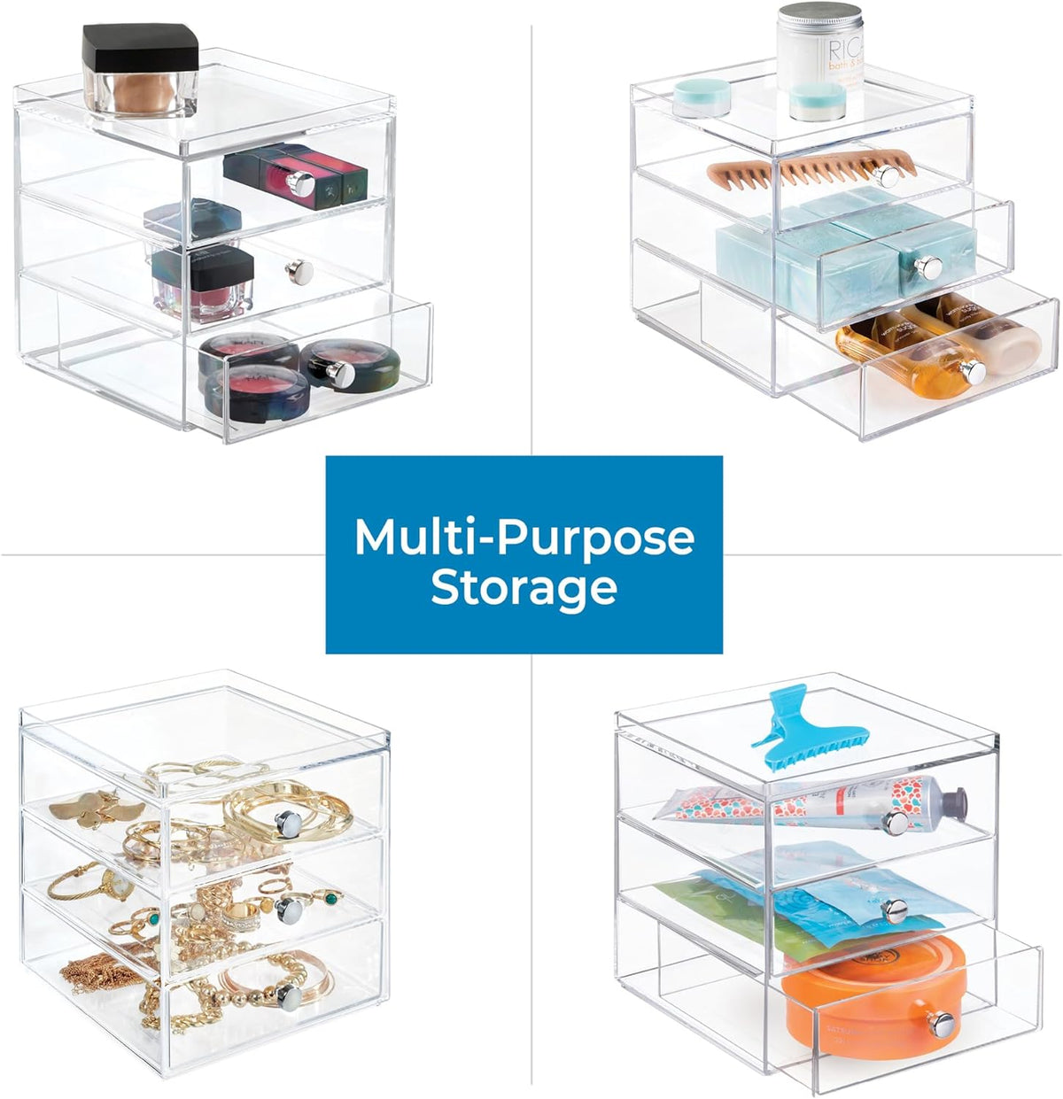 Interdesign Clarity Cosmetic Vanity Cabinet to Hold Makeup, Beauty Products-3 Drawer, Clear Organizer, 1 X Mirror (Pack of 4)