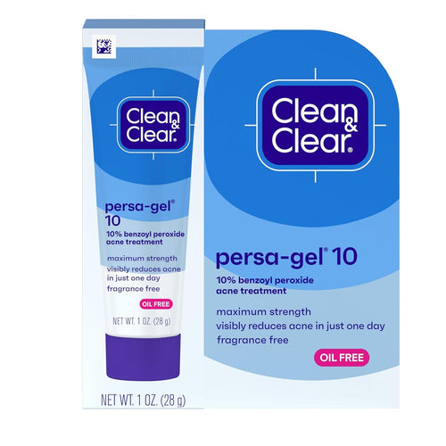 Clean & Clear Persa-Gel 10 Oil-Free Acne Spot Treatment with Maximum Strength 10% Benzoyl Peroxide, Topical Pimple Cream Visibly Reduces Acne in One Day, Fragrance-Free, 1 Fl. Oz