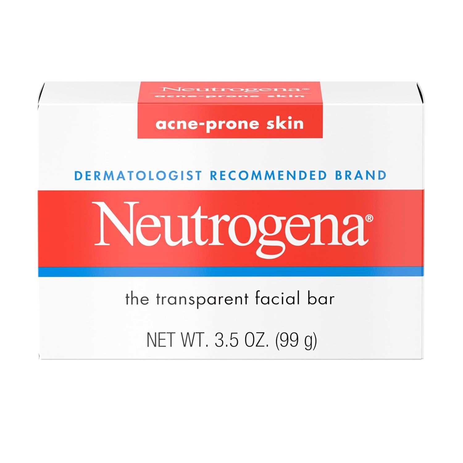Neutrogena Facial Cleansing Bar for Acne-Prone Skin, Gentle Non-Medicated Daily Cleanser, Non-Comedogenic Transparent Soap with Glycerin, No Dyes or Detergents, 3.5 Oz