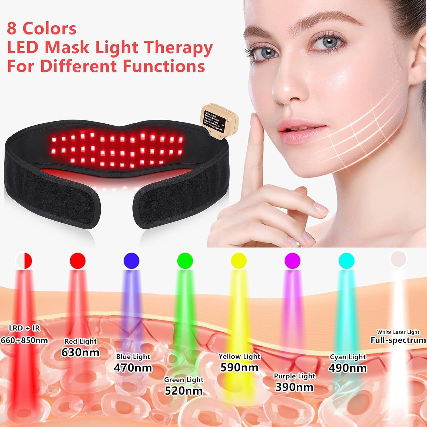 Red Light Therapy Device for Chin, 8 Color LED Red Light Therapy for Neck near Infrared Light Therapy 660Nm 880Nm Led Wrap