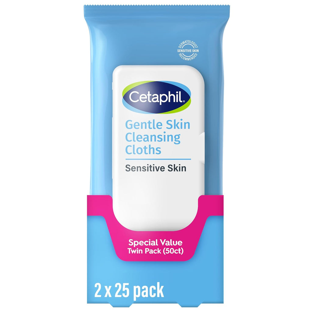 Cleansing Face & Body Wipes, Fragrance Free, 50Ct, 2-Pack | Twin Pack, Hypoallergenic, Fragrance Free, Dry & Sensitive Skin, Flip-Top Closure, for Gym, Travel & Car Use