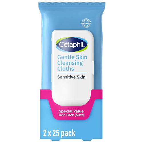 Cleansing Face & Body Wipes, Fragrance Free, 50Ct, 2-Pack | Twin Pack, Hypoallergenic, Fragrance Free, Dry & Sensitive Skin, Flip-Top Closure, for Gym, Travel & Car Use
