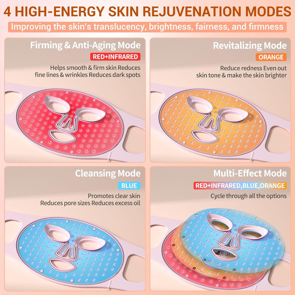 Red Light Therapy Mask, 4 Modes Portable Red Light Therapy for Face, 2000Mah Rechargeable Remote, Blue, Orange, 850NM Infrared & Red Light Mask, 400 Leds, Timing Function, at Home & Travel
