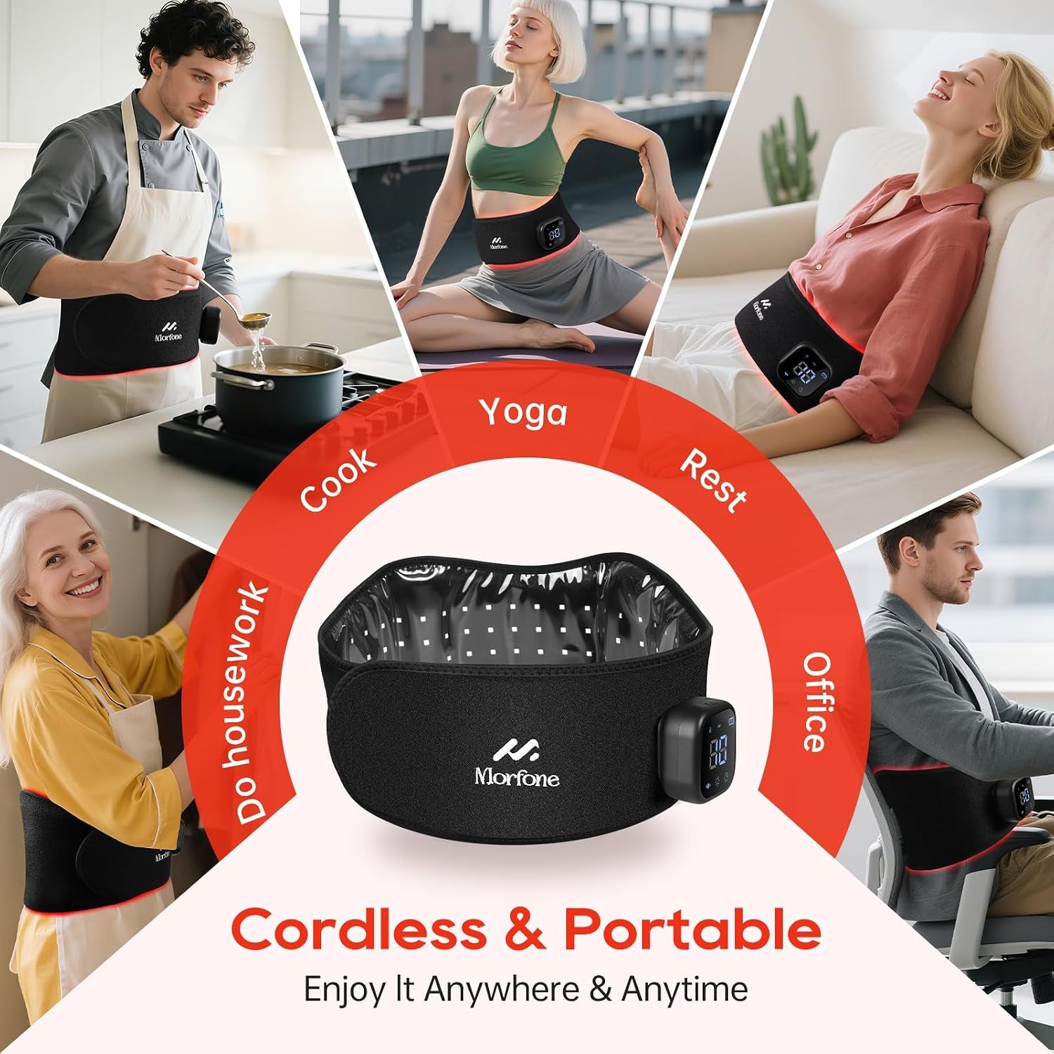 Cordless Red Light Therapy Belt for Body with Heat Vibration 660Nm & 850Nm | Portable 3-In-1 near Infrared Heating Pad with Massager & Timer for Back Pain Waist Belly Shoulder Wellness & Relaxation