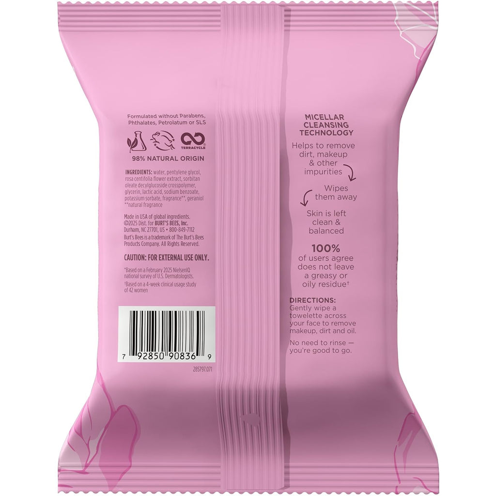 Burt’S Bees Micellar Rose Water Facial Towelettes, 30 Ct., 3 Pack | Plant Based Cloths, 98 Percent Natural Origin, Removes Make Up, Leaves No Greasy or Oily Residue, All Skin Types