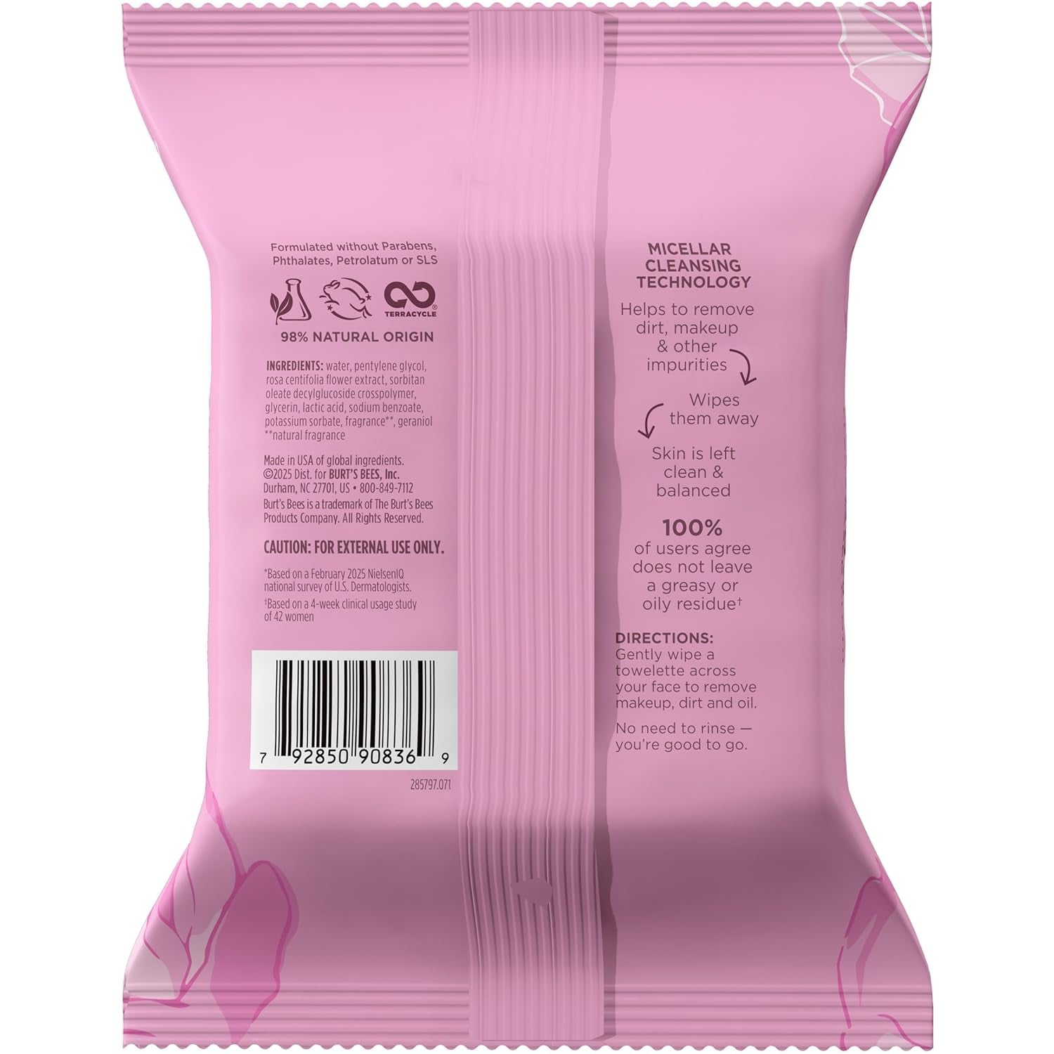 Burt’S Bees Micellar Rose Water Facial Towelettes, 30 Ct., 3 Pack | Plant Based Cloths, 98 Percent Natural Origin, Removes Make Up, Leaves No Greasy or Oily Residue, All Skin Types