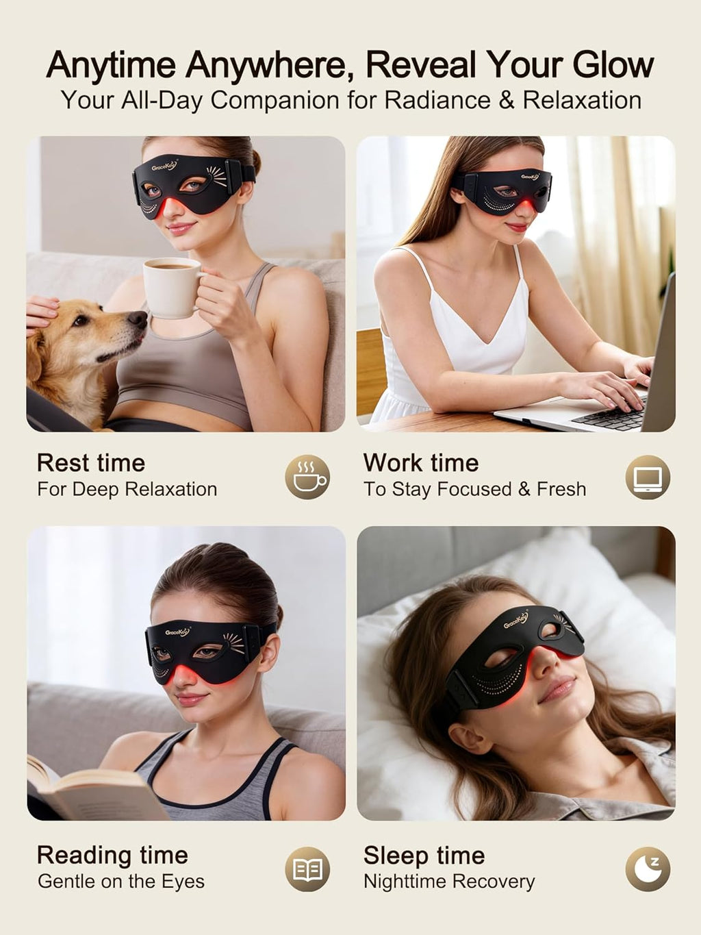 Red Light Therapy Eyes Mask, 3 Colors Modes Red Light Therapy Mask with near Infrared Red Light (NIR) 850Nm, Red Light Eye Mask, Rechargeable under Eye Light Therapy Device for Home Skincare