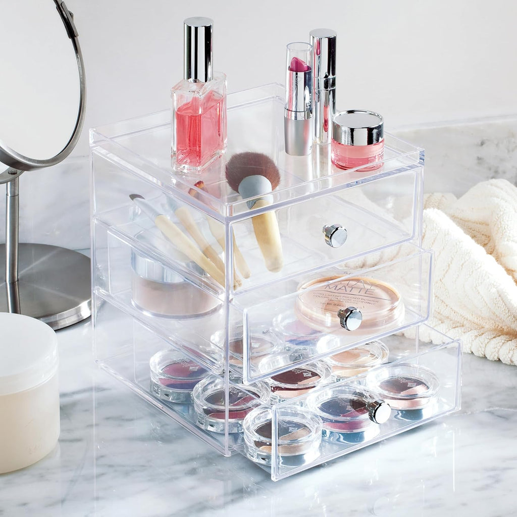 Interdesign Clarity Cosmetic Vanity Cabinet to Hold Makeup, Beauty Products-3 Drawer, Clear Organizer, 1 X Mirror (Pack of 4)