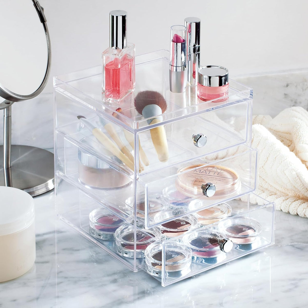 Interdesign Clarity Cosmetic Vanity Cabinet to Hold Makeup, Beauty Products-3 Drawer, Clear Organizer, 1 X Mirror (Pack of 4)