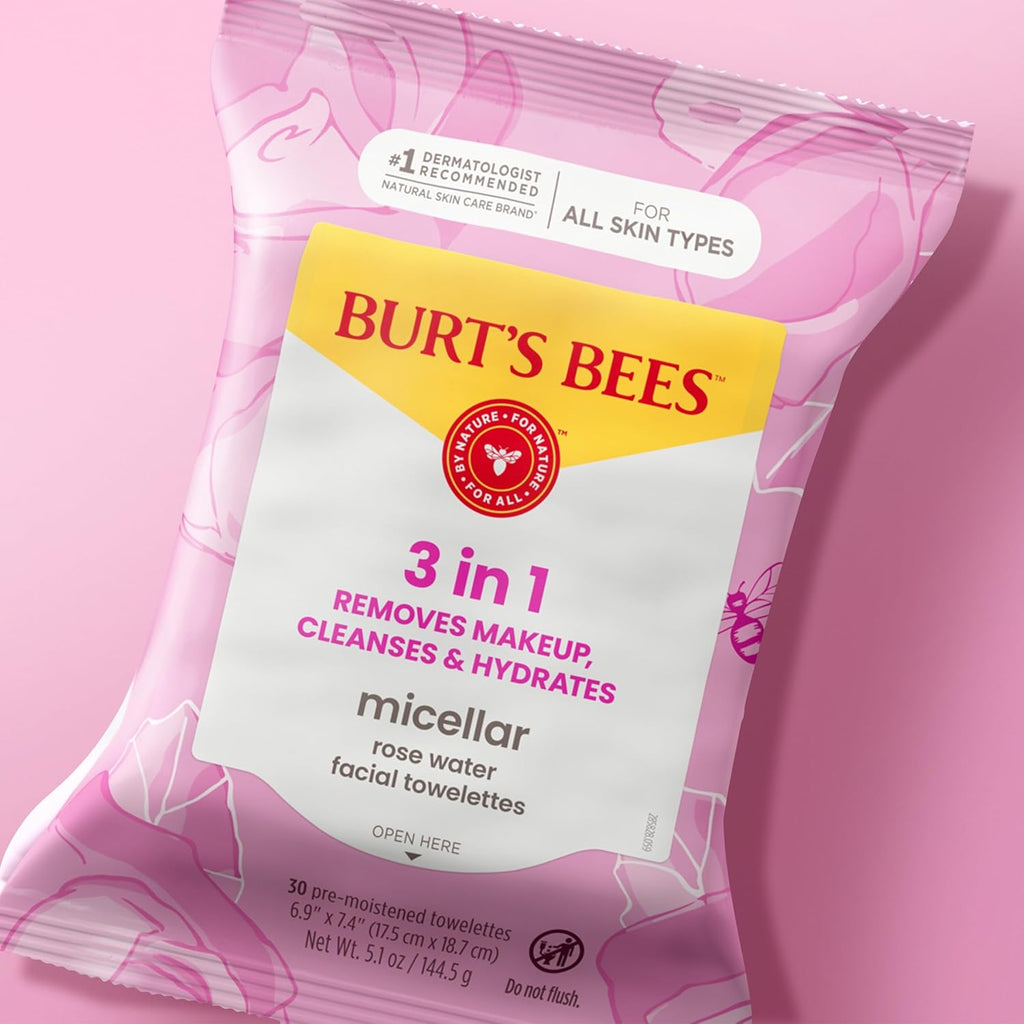 Burt’S Bees Micellar Rose Water Facial Towelettes, 30 Ct., 3 Pack | Plant Based Cloths, 98 Percent Natural Origin, Removes Make Up, Leaves No Greasy or Oily Residue, All Skin Types