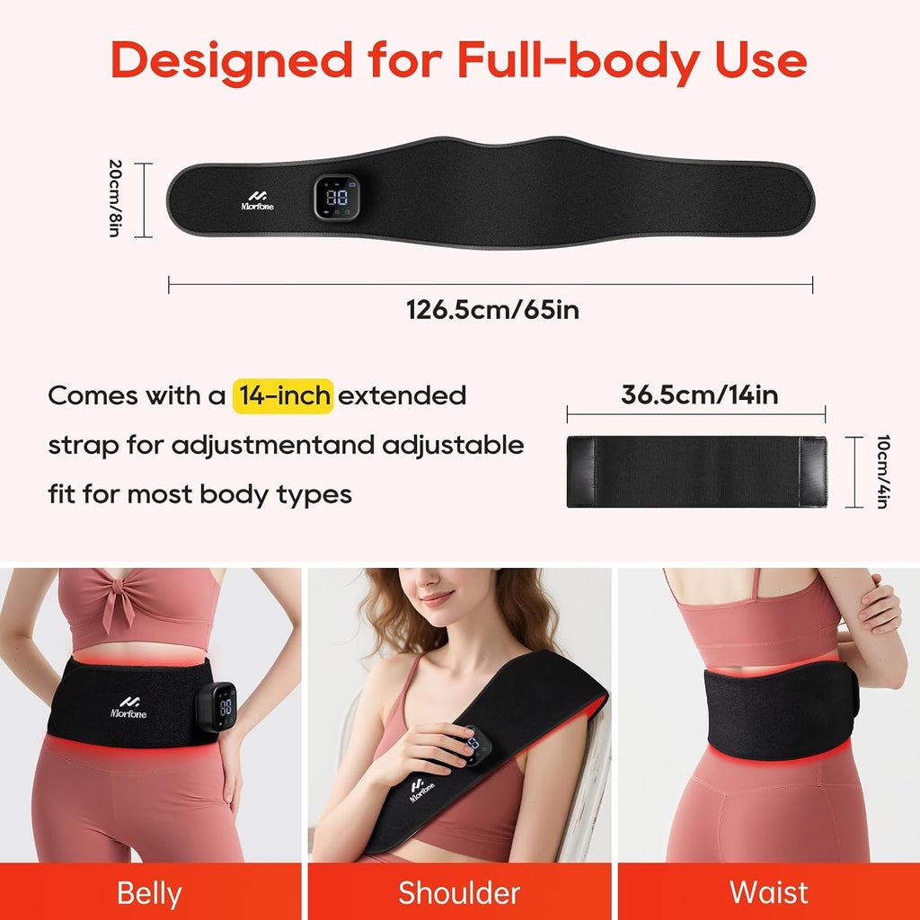 Cordless Red Light Therapy Belt for Body with Heat Vibration 660Nm & 850Nm | Portable 3-In-1 near Infrared Heating Pad with Massager & Timer for Back Pain Waist Belly Shoulder Wellness & Relaxation