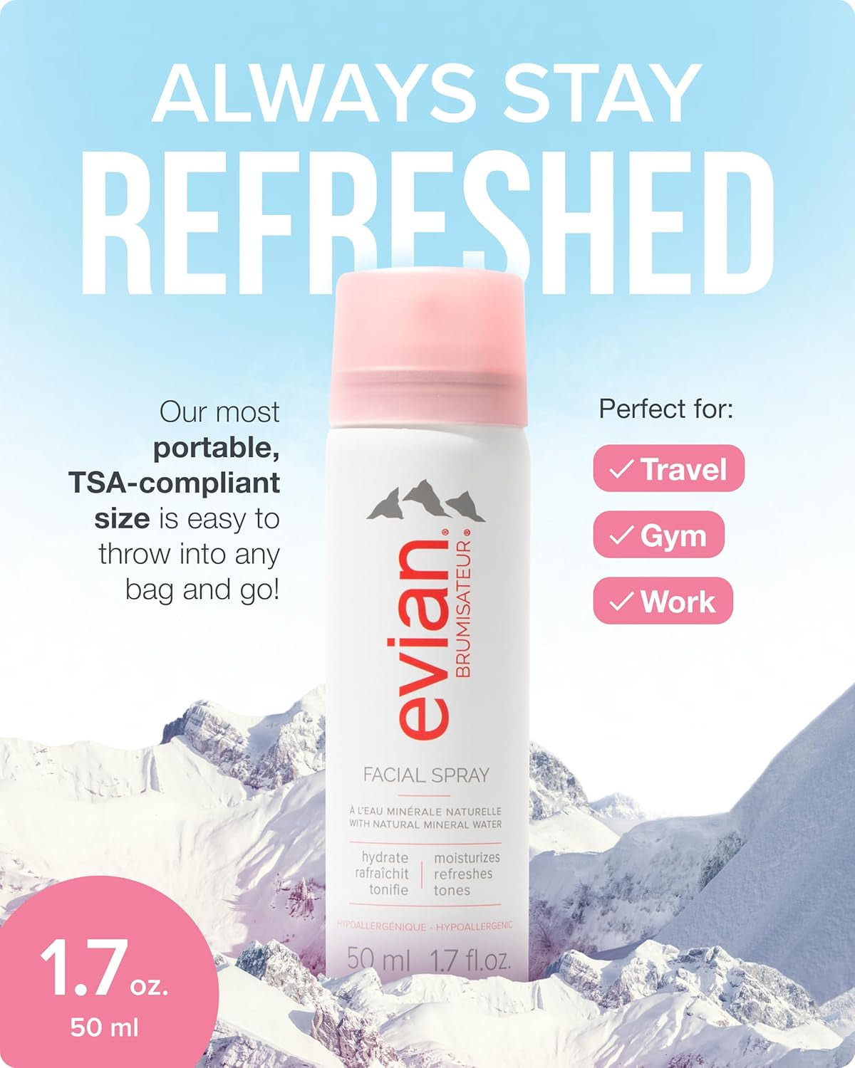 Evian Facial Spray 1.7 Oz - Hydrating Mineral Water Mist for Face & Skin - Refreshes Makeup and Tones Skin - Tsa-Approved Mini Facial Spray Set for Daily Skincare Hydration