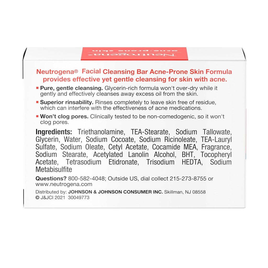 Neutrogena Facial Cleansing Bar for Acne-Prone Skin, Gentle Non-Medicated Daily Cleanser, Non-Comedogenic Transparent Soap with Glycerin, No Dyes or Detergents, 3.5 Oz