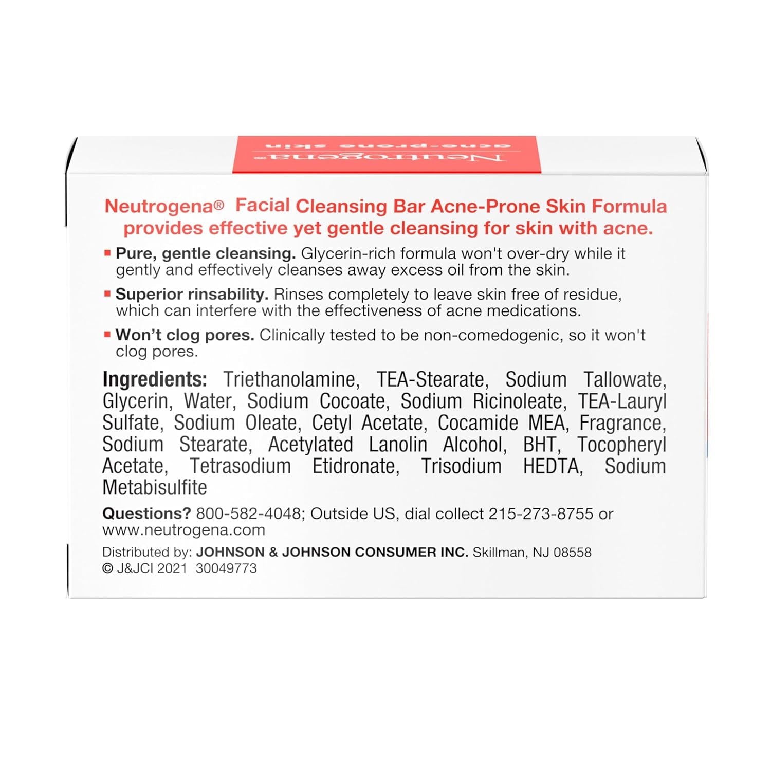 Neutrogena Facial Cleansing Bar for Acne-Prone Skin, Gentle Non-Medicated Daily Cleanser, Non-Comedogenic Transparent Soap with Glycerin, No Dyes or Detergents, 3.5 Oz