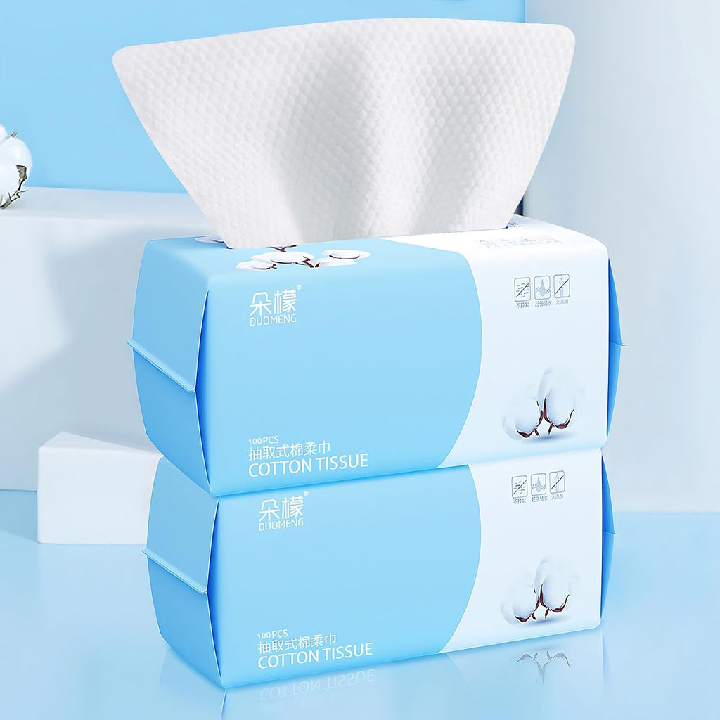 Cotton Facial Dry Wipes 100 Count, Deeply Cleansing Disposable Face Towel Wash Cloth, Multi-Purpose for Skin Care, Make-Up and Face Wipes (2 Pack)