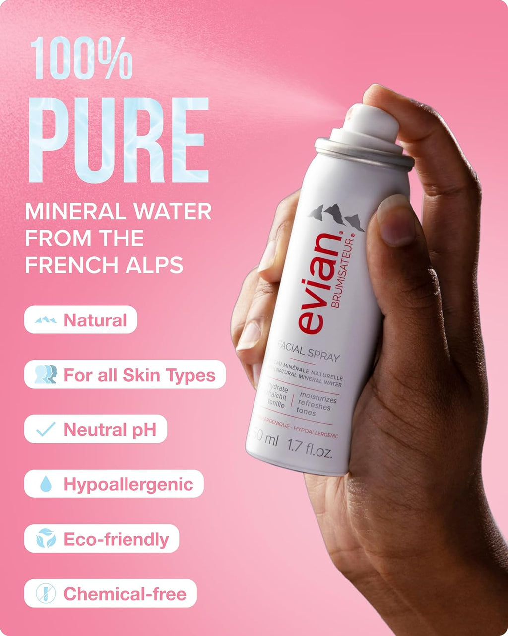 Evian Facial Spray 1.7 Oz - Hydrating Mineral Water Mist for Face & Skin - Refreshes Makeup and Tones Skin - Tsa-Approved Mini Facial Spray Set for Daily Skincare Hydration