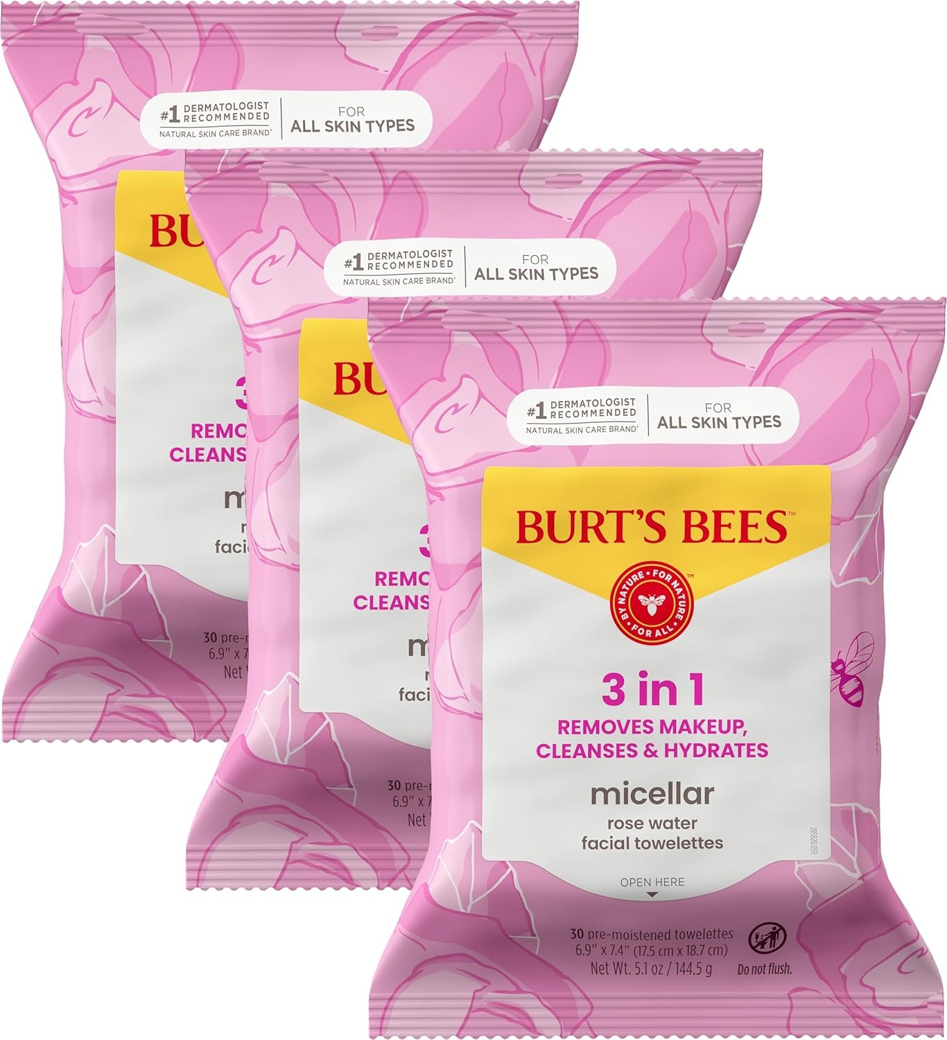 Burt’S Bees Micellar Rose Water Facial Towelettes, 30 Ct., 3 Pack | Plant Based Cloths, 98 Percent Natural Origin, Removes Make Up, Leaves No Greasy or Oily Residue, All Skin Types