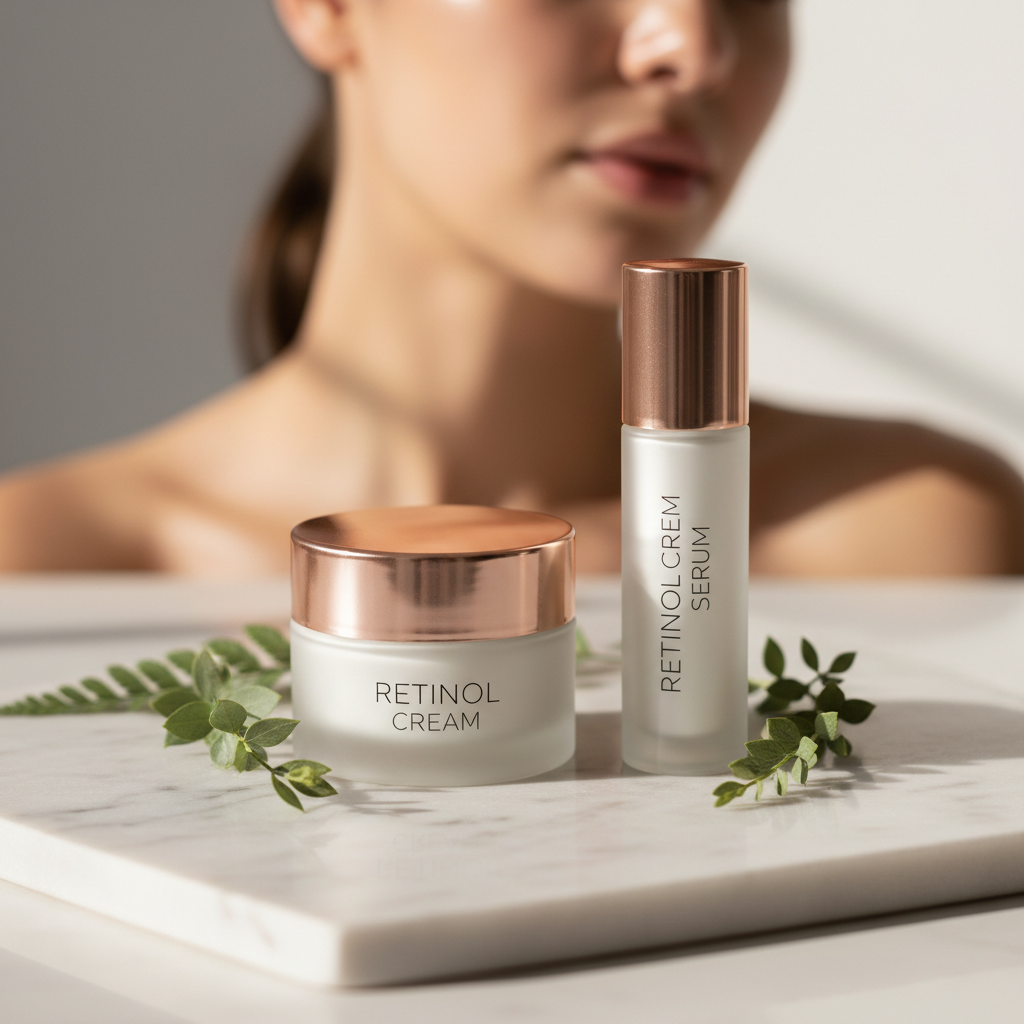 Retinol cream and serum set on marble surface with botanical leaves